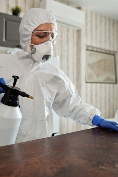 Technician in full PPE applying biohazard disinfection in a NYC residence